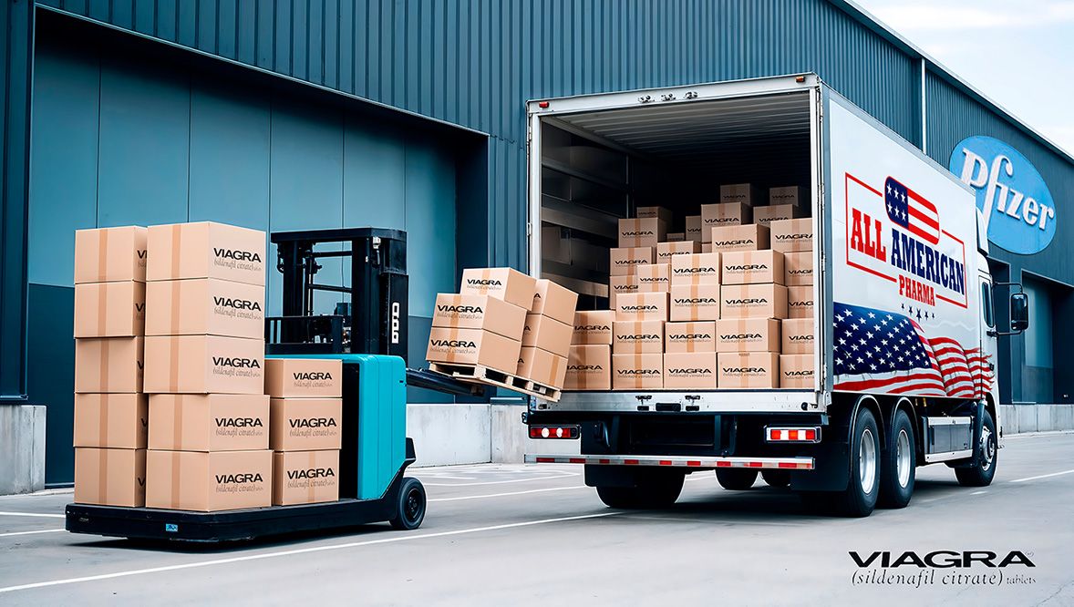 All American Pharma truck unloading boxes of viagra