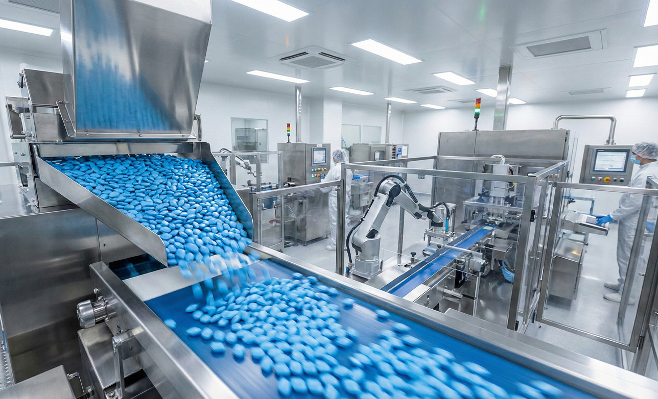 Factory creating blue diamond-shaped Viagra pills