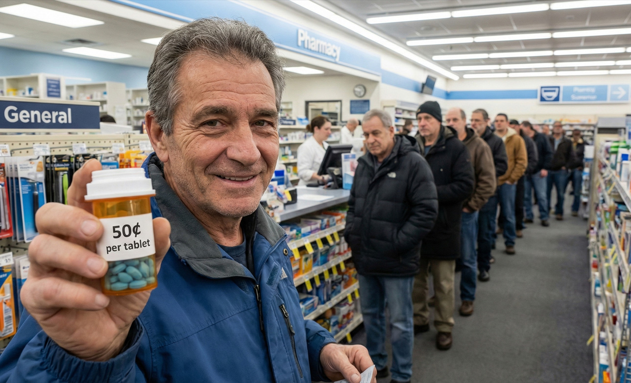 Guy in pharmacy holding 50-cent pill bottle