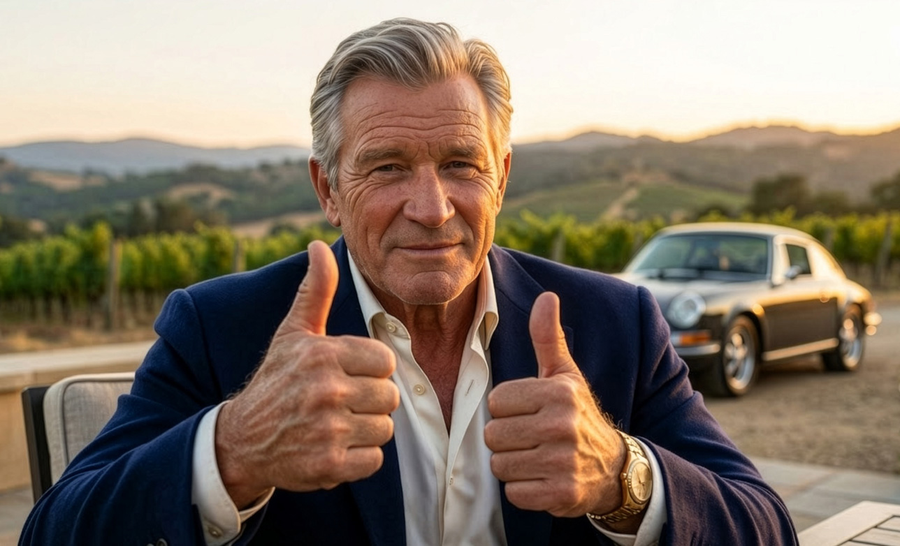 Older man showing thumbs up with a Porsche behind him