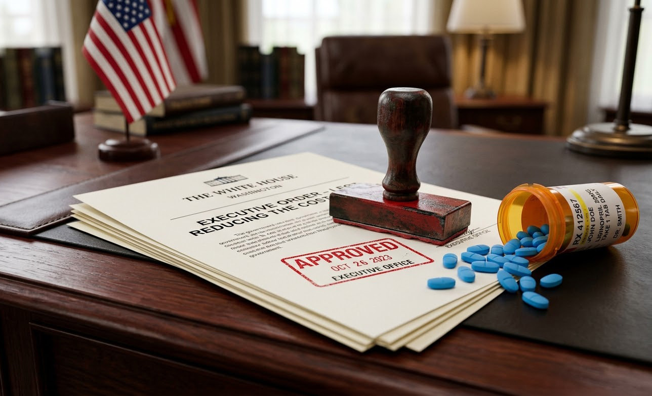 pills andd files stamped approved laying out on the President's desk