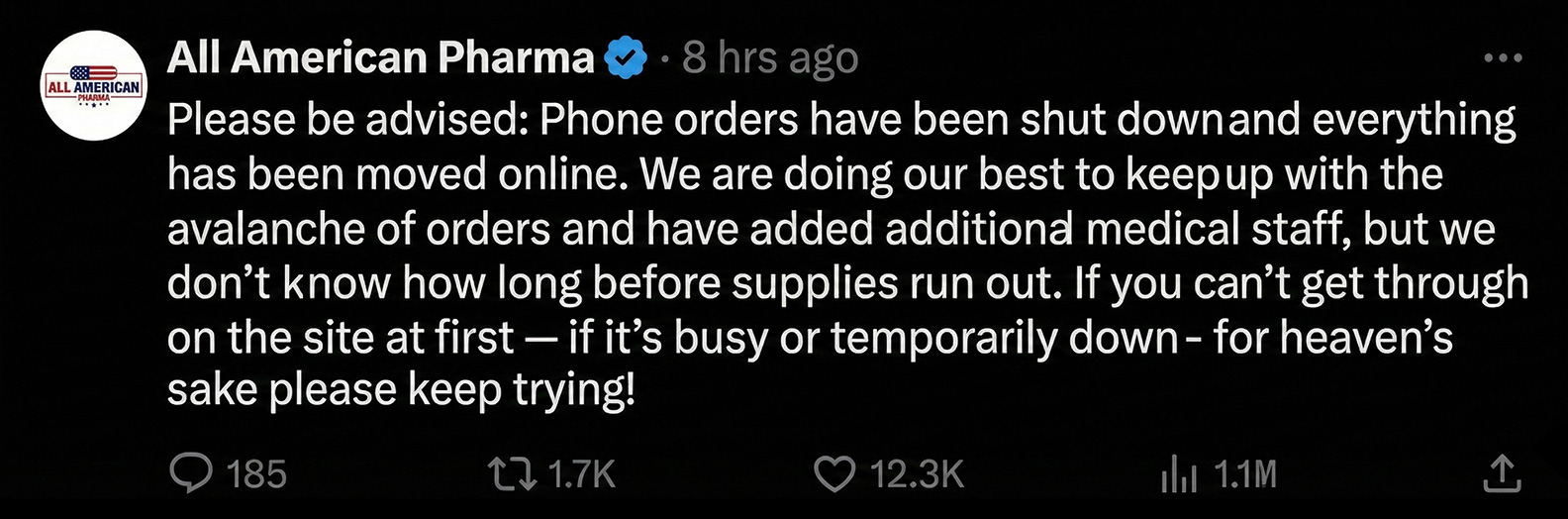 X (Twitter) post about All American Pharma Direct-Access Program